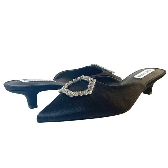 NWT Steve Madden Kees Black Satin Rhinestone Buckle Kitten Heel Mule Size 8.5 - Picture 16 of 16